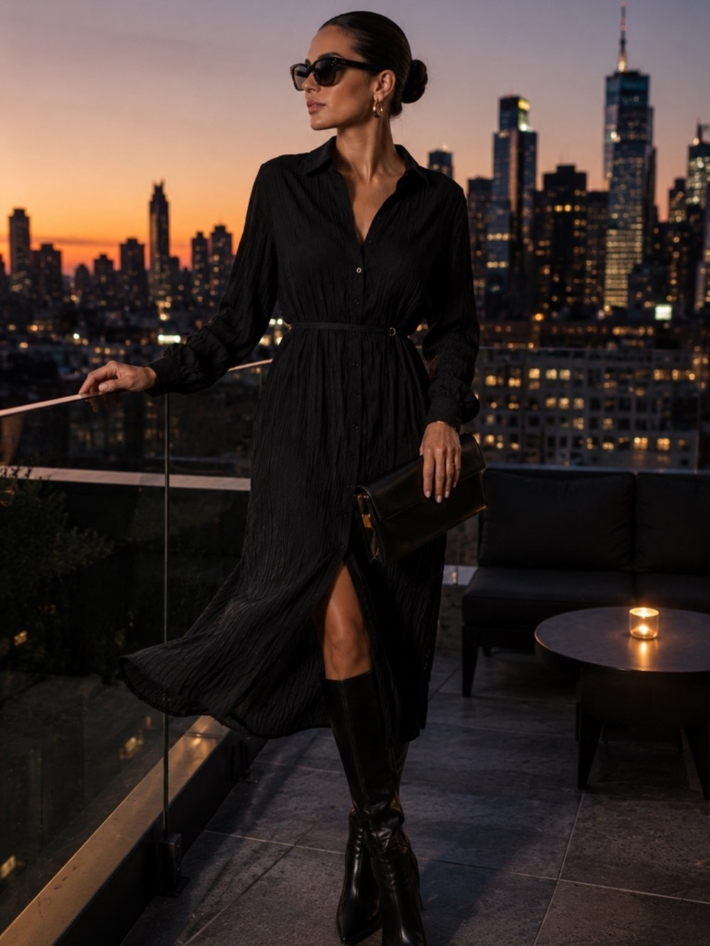 ASTR Black Long Sleeve Midi Belted Shirtdress